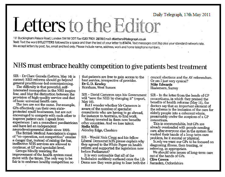 Daily Telegraph Letter by Dr Kewley on AHDH and the NHS
